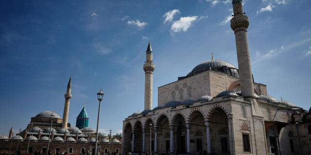 A courtyard and building next to the tomb of the poet Rumi in Konya, Turkey